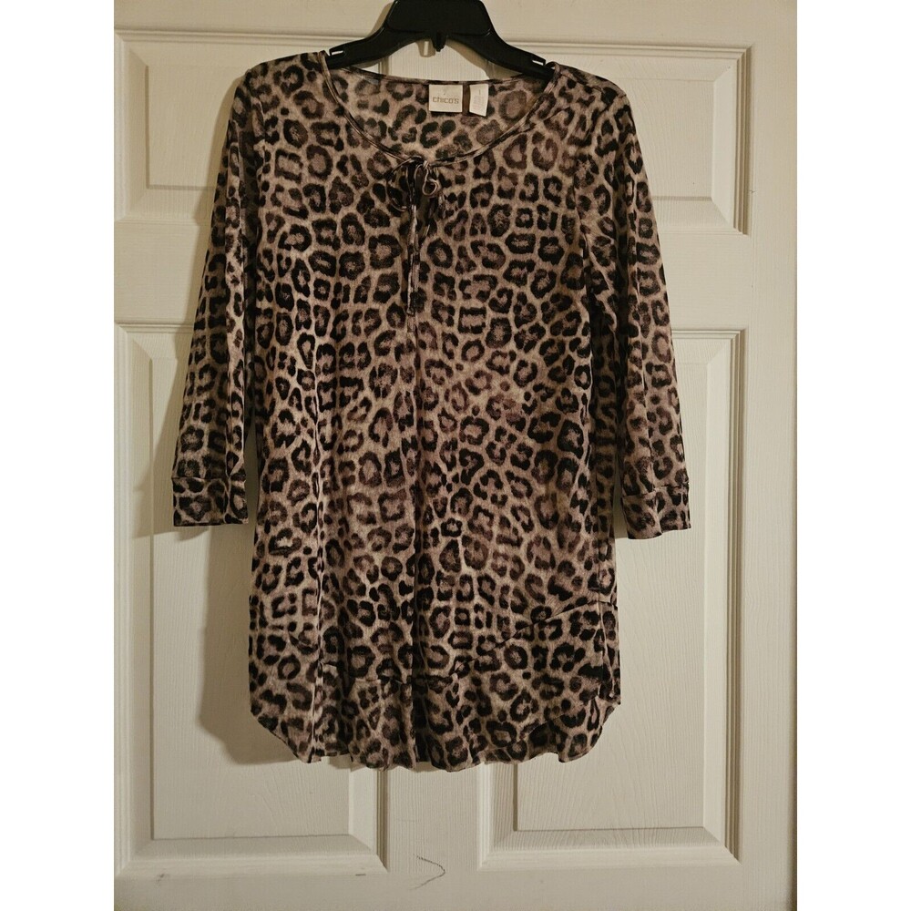 Chico's Animal Print Tunic Shirt Size 1  Tie  Front Leopard 3/4 Sleeve Cheetah